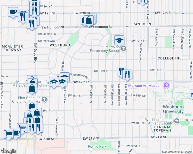 map of restaurants, bars, coffee shops, grocery stores, and more near 1620 Southwest Oakley Avenue in Topeka