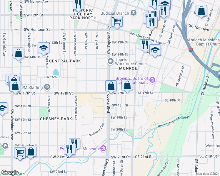 map of restaurants, bars, coffee shops, grocery stores, and more near 1624 Southwest Topeka Boulevard in Topeka