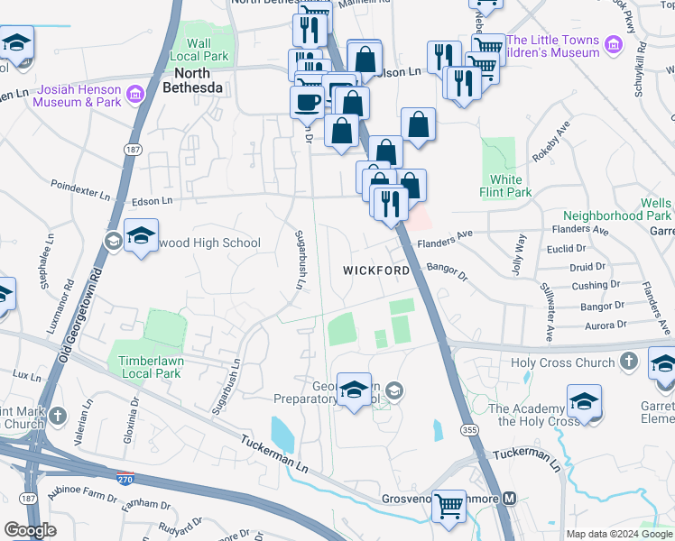 map of restaurants, bars, coffee shops, grocery stores, and more near 11027 Ardwick Drive in Rockville