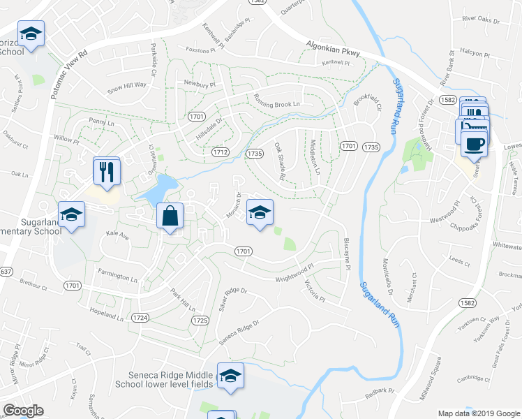 map of restaurants, bars, coffee shops, grocery stores, and more near 27 Wedgedale Drive in Sterling