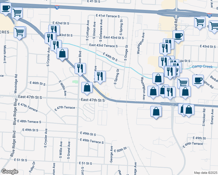 map of restaurants, bars, coffee shops, grocery stores, and more near 9 Burningtree Circle in Independence