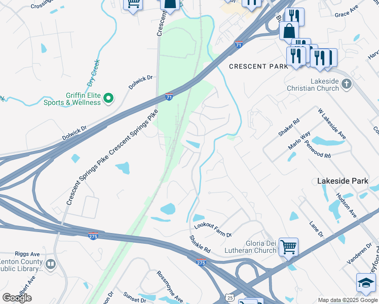 map of restaurants, bars, coffee shops, grocery stores, and more near 2701 Copper Coin in Crestview Hills