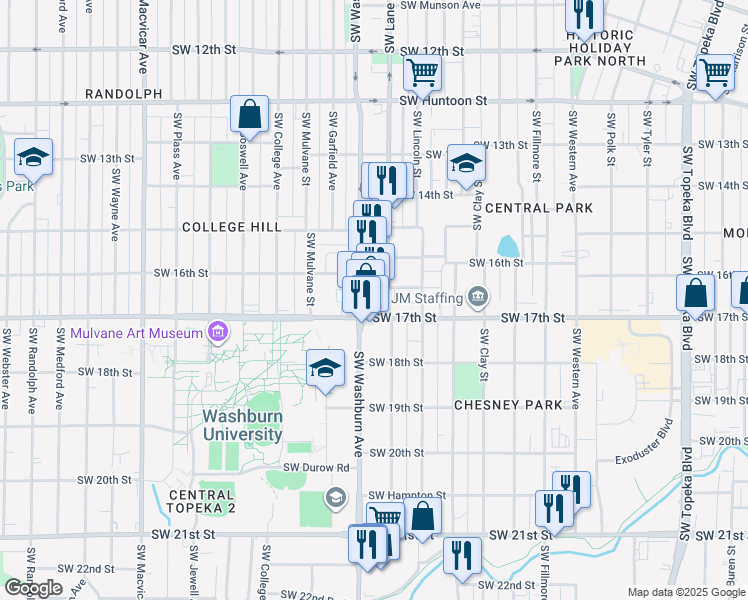 map of restaurants, bars, coffee shops, grocery stores, and more near 1427 Southwest Byron Street in Topeka