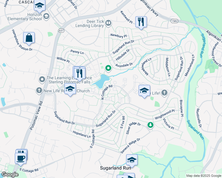 map of restaurants, bars, coffee shops, grocery stores, and more near 198 North Cottage Road in Sterling
