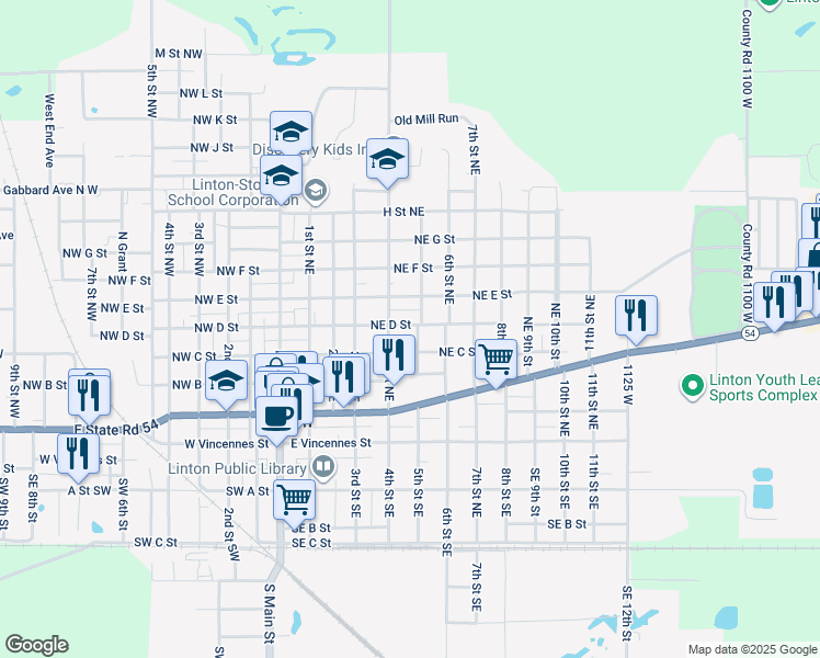 map of restaurants, bars, coffee shops, grocery stores, and more near 490 Northeast D Street in Linton
