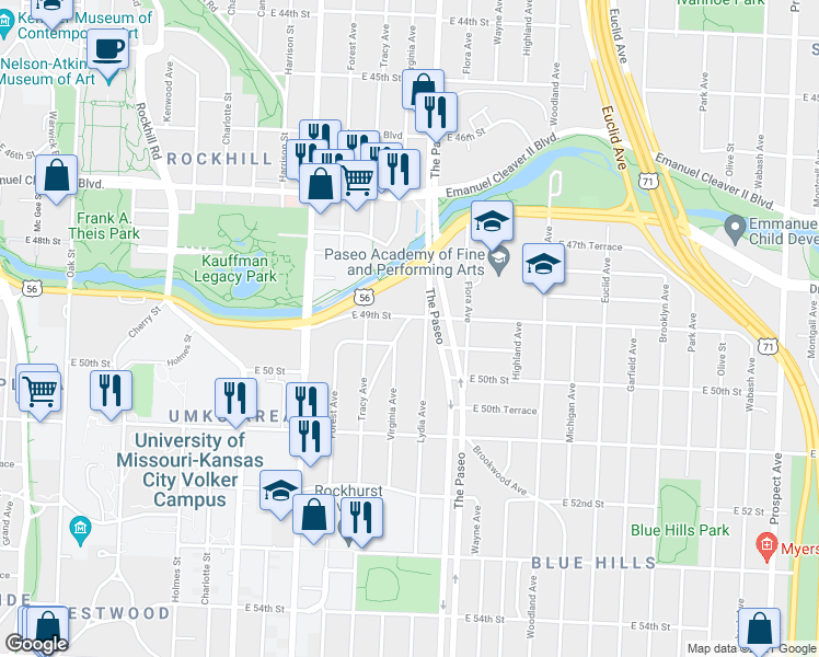 map of restaurants, bars, coffee shops, grocery stores, and more near 4915 Troostwood Road in Kansas City