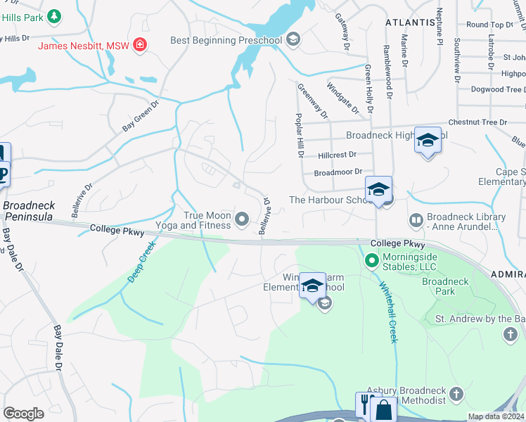 map of restaurants, bars, coffee shops, grocery stores, and more near 615 Baystone Court in Annapolis