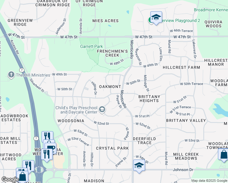 map of restaurants, bars, coffee shops, grocery stores, and more near 22014 W 51st St in Shawnee