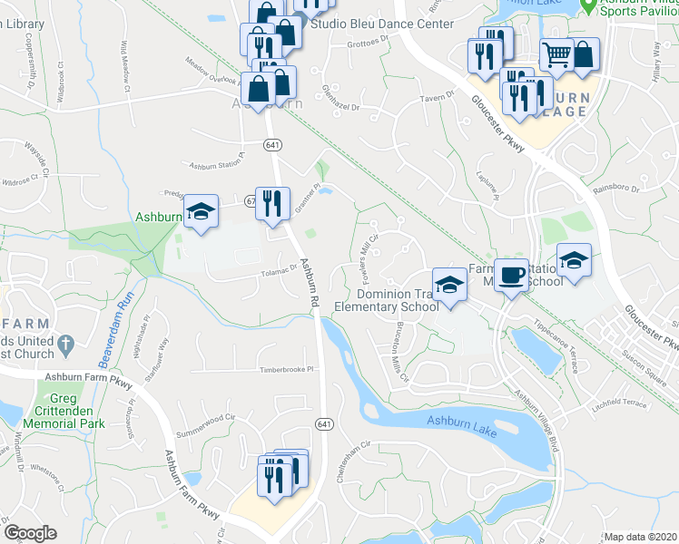 map of restaurants, bars, coffee shops, grocery stores, and more near 20916 Rubles Mill Court in Ashburn
