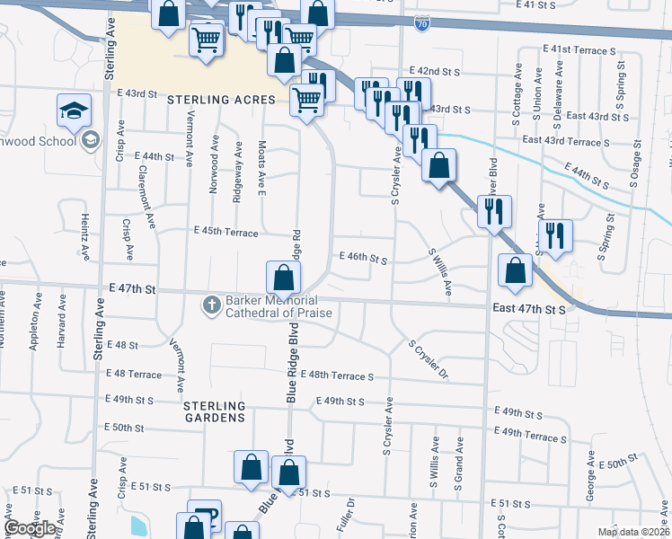 map of restaurants, bars, coffee shops, grocery stores, and more near 4607 Blue Ridge Boulevard in Kansas City