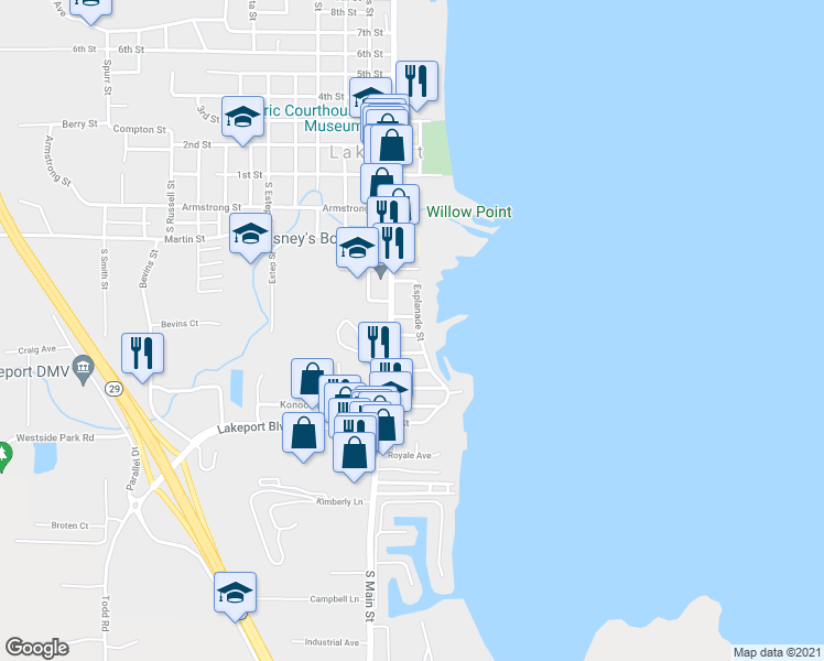 map of restaurants, bars, coffee shops, grocery stores, and more near 555 Esplanade Street in Lakeport