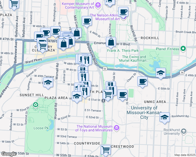 map of restaurants, bars, coffee shops, grocery stores, and more near 4920 Grand Avenue in Kansas City