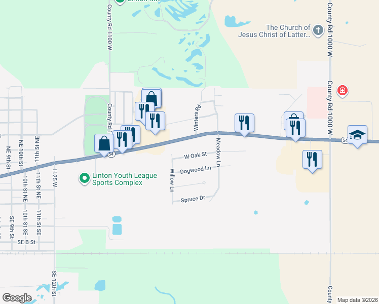 map of restaurants, bars, coffee shops, grocery stores, and more near 1740 Oak Street in Linton
