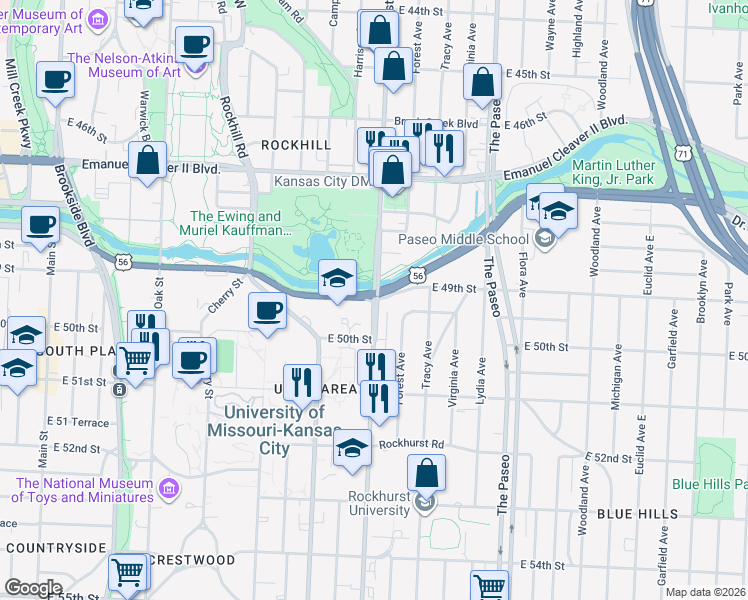 map of restaurants, bars, coffee shops, grocery stores, and more near Troost Ave & E 49th St in Kansas City