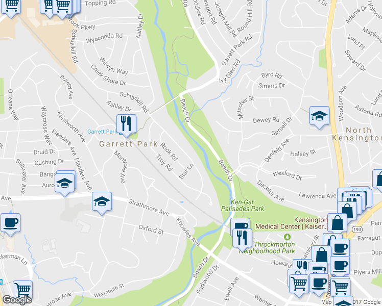 map of restaurants, bars, coffee shops, grocery stores, and more near 11107 Schuylkill Road in Rockville