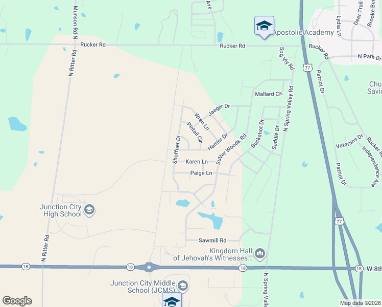 map of restaurants, bars, coffee shops, grocery stores, and more near Harrier Drive in Junction City