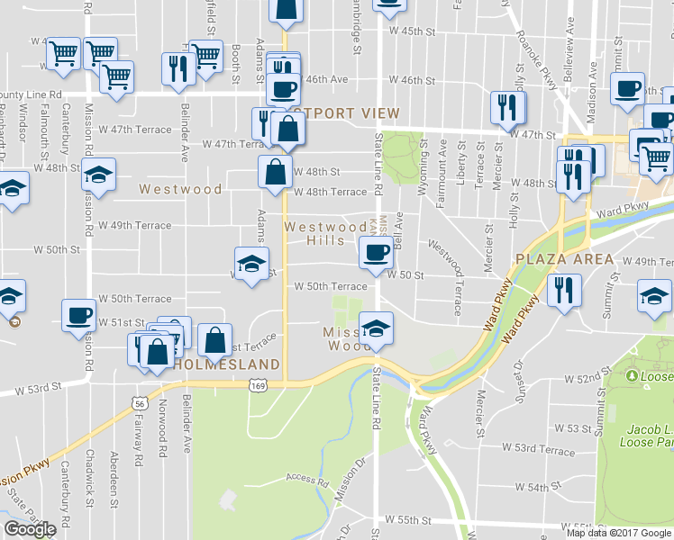 map of restaurants, bars, coffee shops, grocery stores, and more near 2013 W 50th St in Westwood Hills