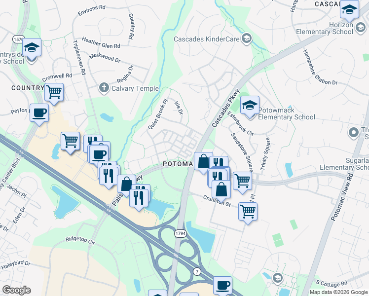 map of restaurants, bars, coffee shops, grocery stores, and more near 46212 Wales Terrace in Sterling