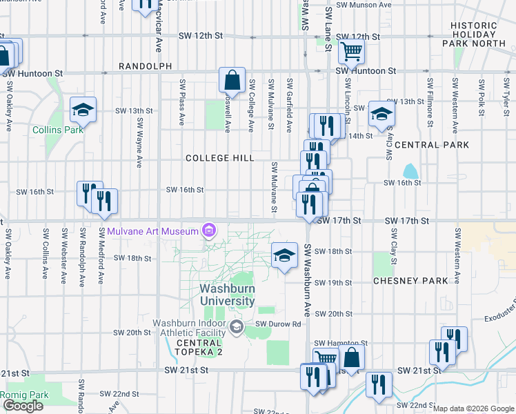 map of restaurants, bars, coffee shops, grocery stores, and more near 1624 Southwest College Avenue in Topeka