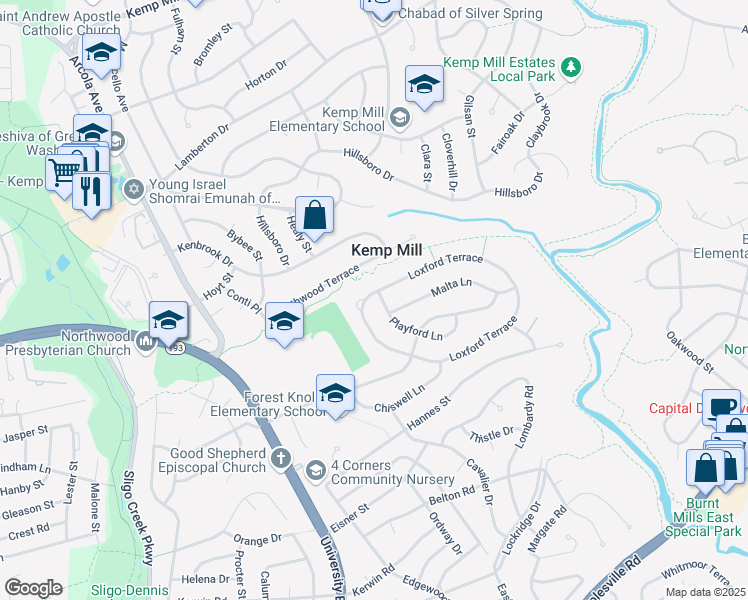 map of restaurants, bars, coffee shops, grocery stores, and more near 1108 Playford Lane in Silver Spring