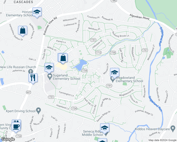 map of restaurants, bars, coffee shops, grocery stores, and more near 198 North Cottage Road in Sterling