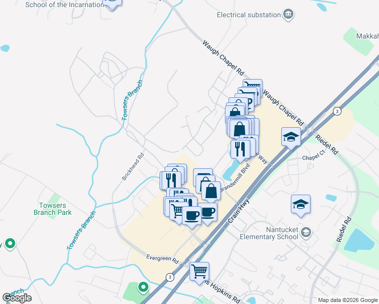map of restaurants, bars, coffee shops, grocery stores, and more near 2540 Brickhead Road in Gambrills