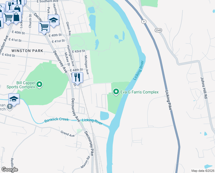 map of restaurants, bars, coffee shops, grocery stores, and more near 4510 Virginia Avenue in Covington
