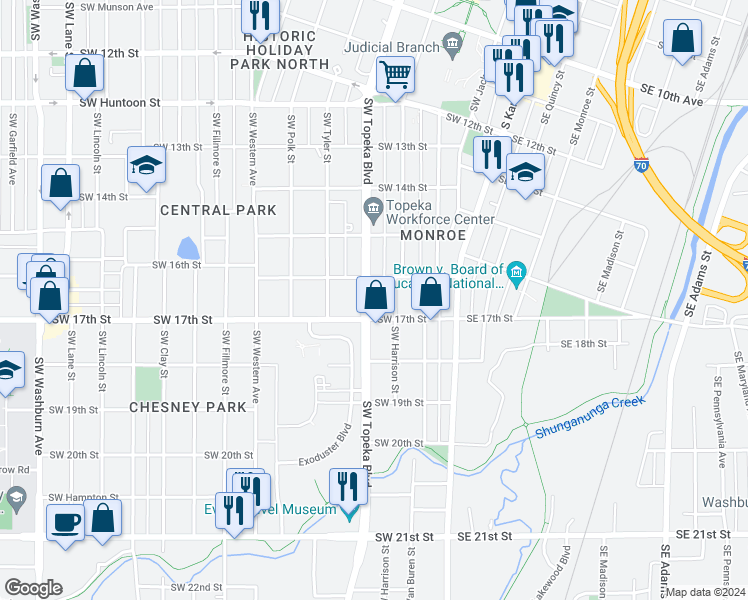 map of restaurants, bars, coffee shops, grocery stores, and more near 1622 Southwest Topeka Boulevard in Topeka