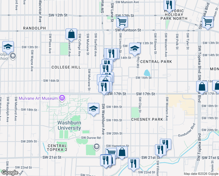 map of restaurants, bars, coffee shops, grocery stores, and more near 1427 Southwest Byron Street in Topeka