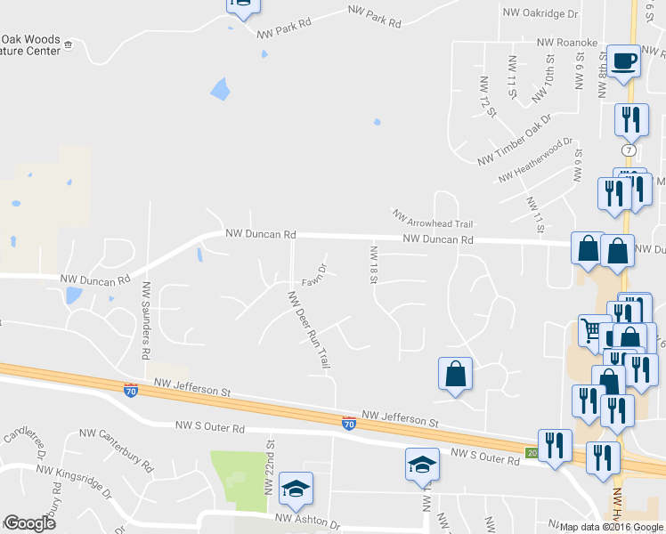 map of restaurants, bars, coffee shops, grocery stores, and more near 1915 Northwest Wildwood Court in Blue Springs