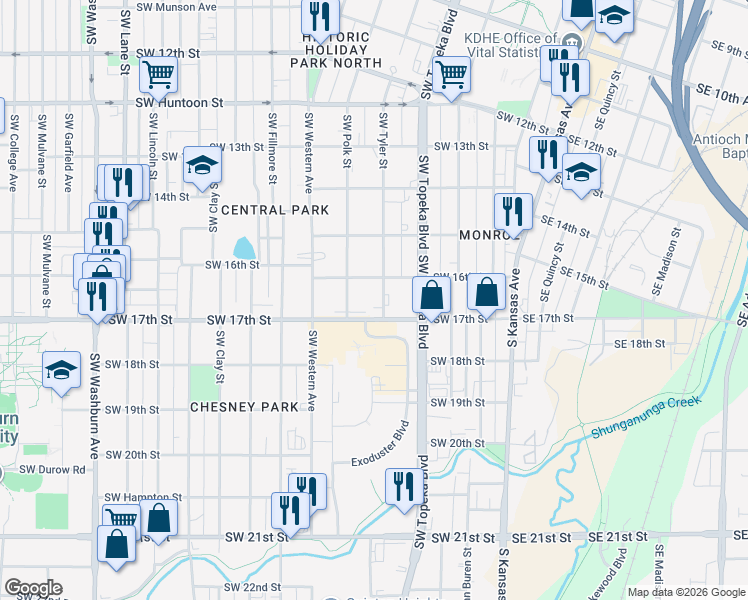 map of restaurants, bars, coffee shops, grocery stores, and more near 1619 Southwest Tyler Street in Topeka