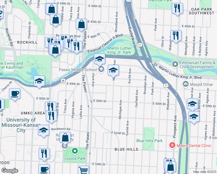 map of restaurants, bars, coffee shops, grocery stores, and more near 4901 Highland Avenue in Kansas City