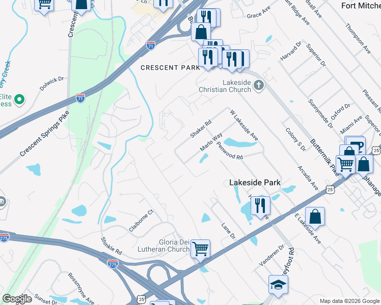 map of restaurants, bars, coffee shops, grocery stores, and more near 2720 Marlo Way in Lakeside Park