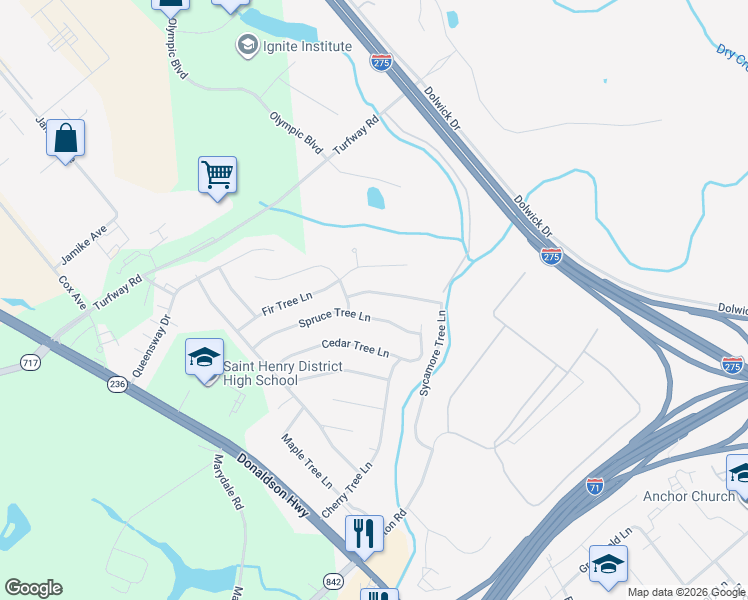 map of restaurants, bars, coffee shops, grocery stores, and more near 3355 Sycamore Tree Lane in Erlanger
