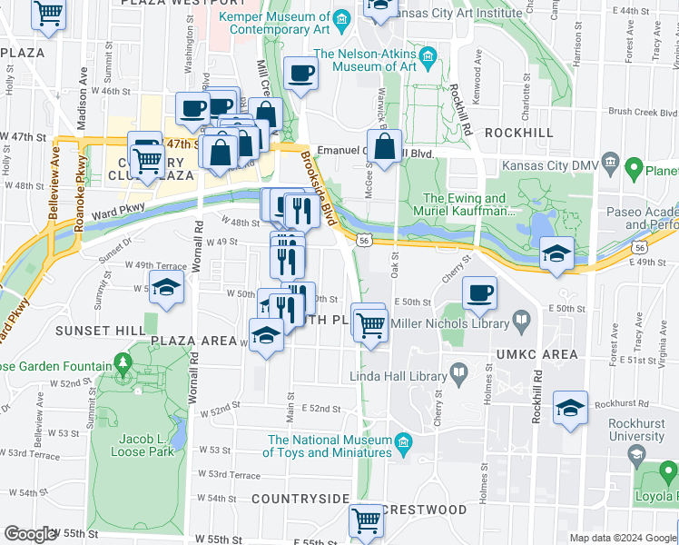 map of restaurants, bars, coffee shops, grocery stores, and more near 4918 Grand Avenue in Kansas City