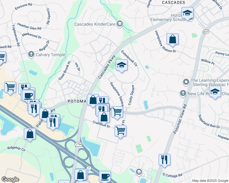 map of restaurants, bars, coffee shops, grocery stores, and more near 20895 Sandstone Square in Sterling