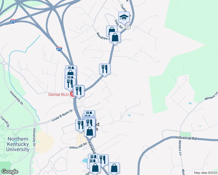 map of restaurants, bars, coffee shops, grocery stores, and more near 25 Bordeaux Drive in Highland Heights