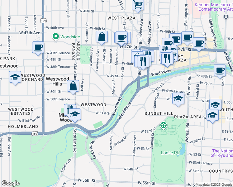 map of restaurants, bars, coffee shops, grocery stores, and more near 4965 Westwood Road in Kansas City