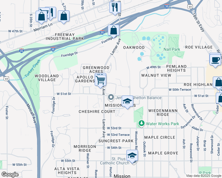 map of restaurants, bars, coffee shops, grocery stores, and more near 6200 West 51st Street in Mission
