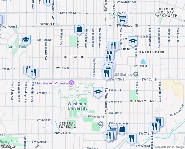map of restaurants, bars, coffee shops, grocery stores, and more near in Topeka