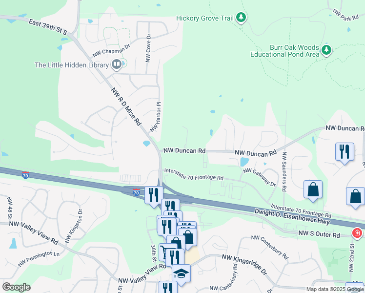 map of restaurants, bars, coffee shops, grocery stores, and more near 3403 Northwest Duncan Road in Blue Springs