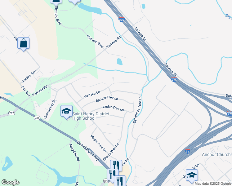 map of restaurants, bars, coffee shops, grocery stores, and more near 3355 Sycamore Tree Lane in Erlanger