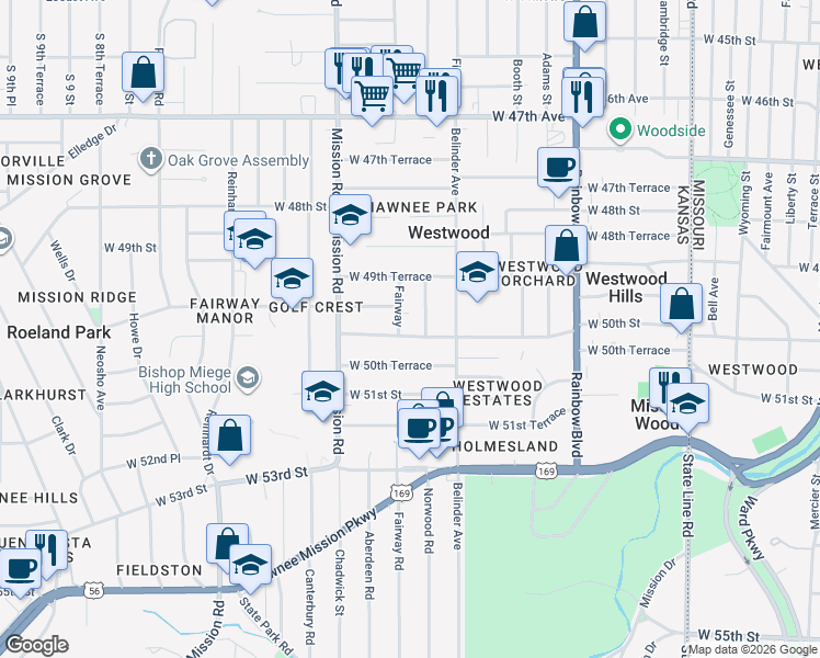 map of restaurants, bars, coffee shops, grocery stores, and more near 2812 West 50th Street in Westwood