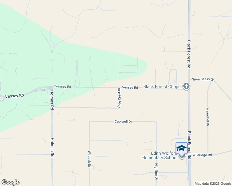 map of restaurants, bars, coffee shops, grocery stores, and more near 6285 Vessey Road in Colorado Springs