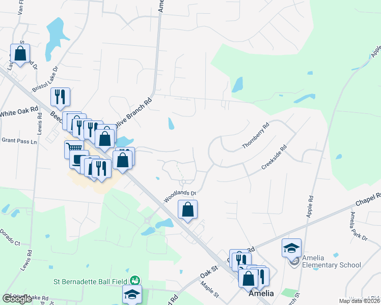 map of restaurants, bars, coffee shops, grocery stores, and more near 97 Ledgerwoods Drive in Amelia