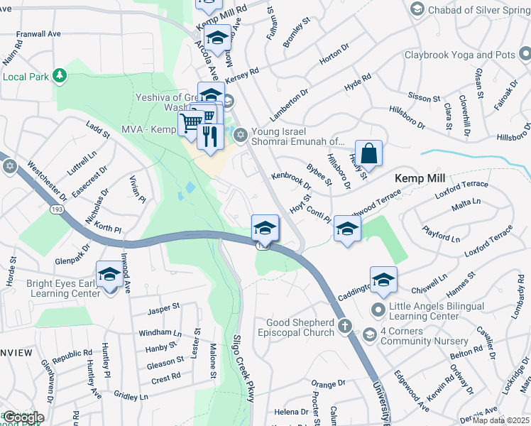 map of restaurants, bars, coffee shops, grocery stores, and more near 1121 University Boulevard West in Silver Spring