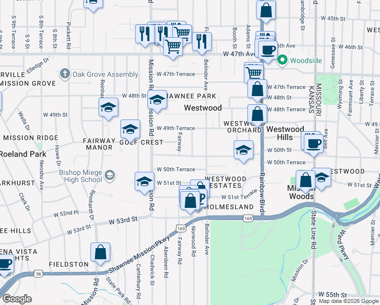 map of restaurants, bars, coffee shops, grocery stores, and more near 2812 West 50th Street in Westwood