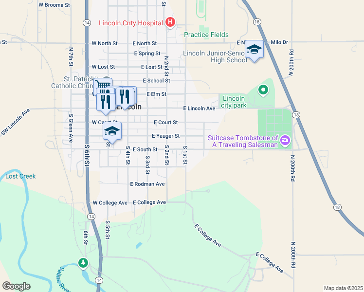 map of restaurants, bars, coffee shops, grocery stores, and more near 350 East South Street in Lincoln