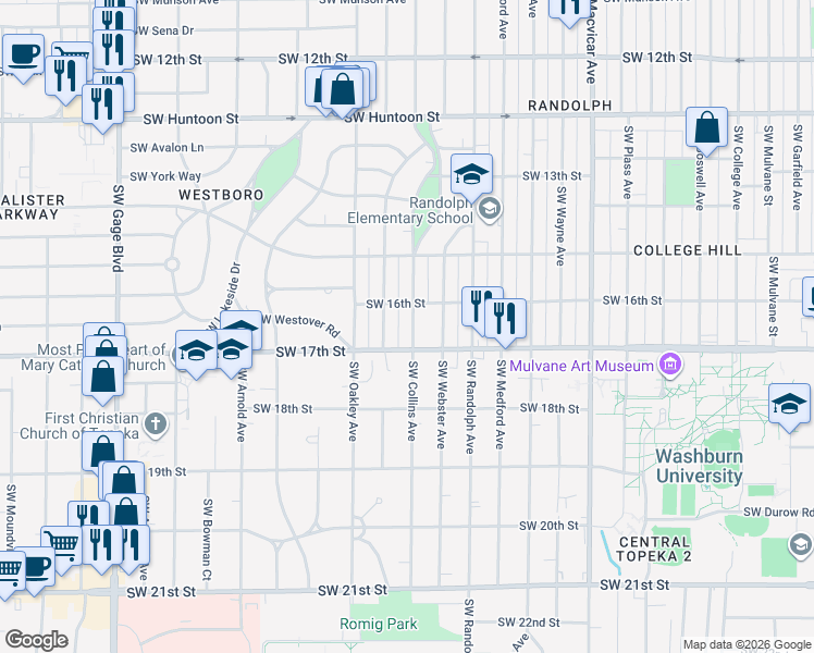 map of restaurants, bars, coffee shops, grocery stores, and more near 1617 Southwest Collins Avenue in Topeka