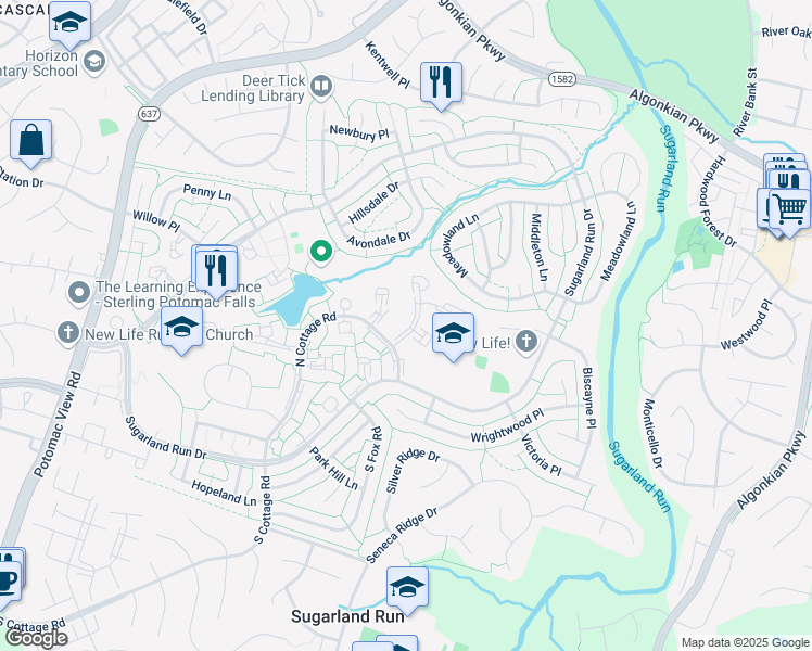 map of restaurants, bars, coffee shops, grocery stores, and more near 19 Monarch Drive in Sterling